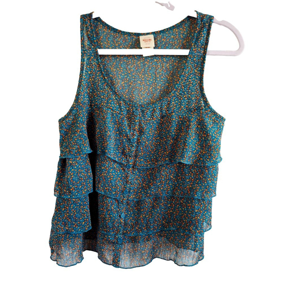 Mossimo Supply Co. Teal Orange Floral Ruffle Tank Top M cottage core